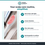 Electric scalp massage comb features: red and blue LED light, 3-level vibration, mist spray, rechargeable